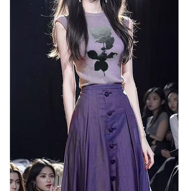 2025新款名媛女装高端高级感小洋装紫色无袖上衣半身裙套装女夏季