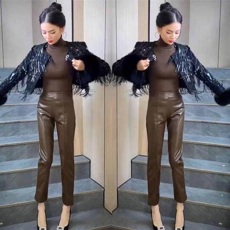 网红爆款时尚加绒皮裤女2024秋冬新款御姐气质简约小众显瘦九分裤,女装/女士精品,休闲裤,淘宝优惠券,粉丝福利购,淘宝优惠卷