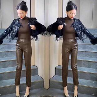 网红爆款时尚加绒皮裤女2024秋冬新款御姐气质简约小众显瘦九分裤