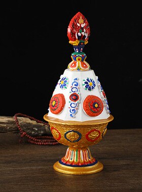 藏式新款八吉g祥摩尼顶宝瓶胖款酥油花吉祥手工彩绘树脂摆件大号