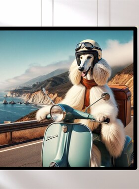 装饰画有框画挂画版画复古怀旧狗猫咪骑摩托车趣味X酒吧宠物动物