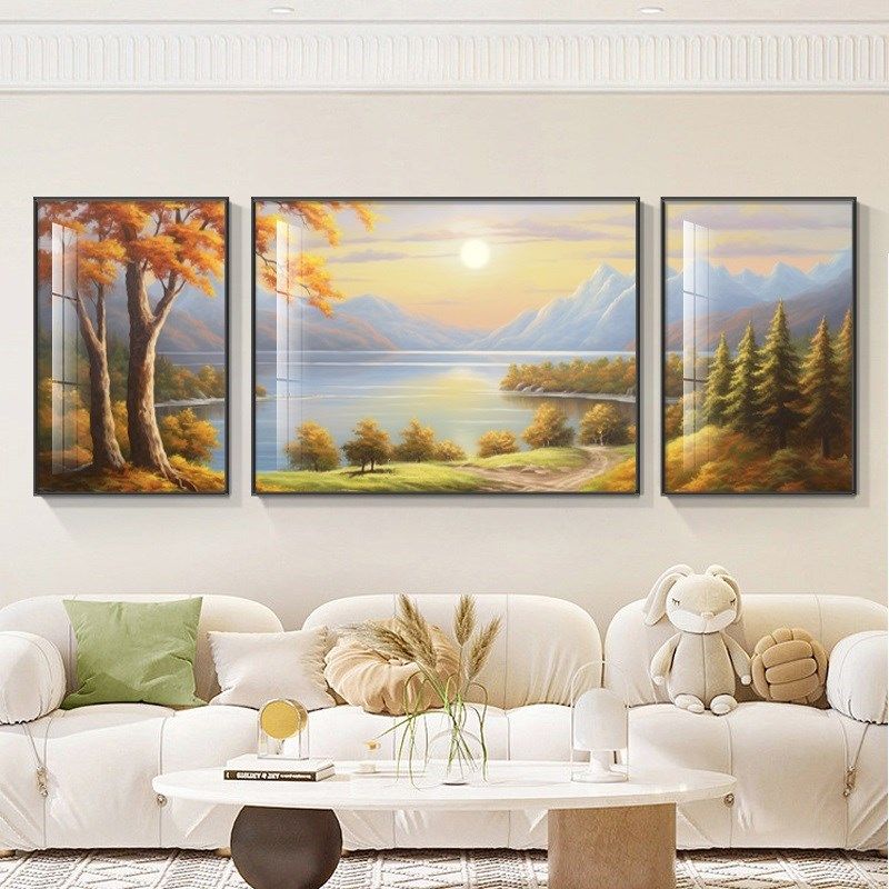 奶油风向日葵装饰k画现代简约客厅沙发背景墙上挂画山水风景三联,家居饰品,现代装饰画,淘宝优惠券,粉丝福利购,淘宝优惠卷