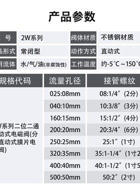 气动2W不锈钢电磁水阀常r闭型耐高温气阀DC24V电子开关控制阀220V