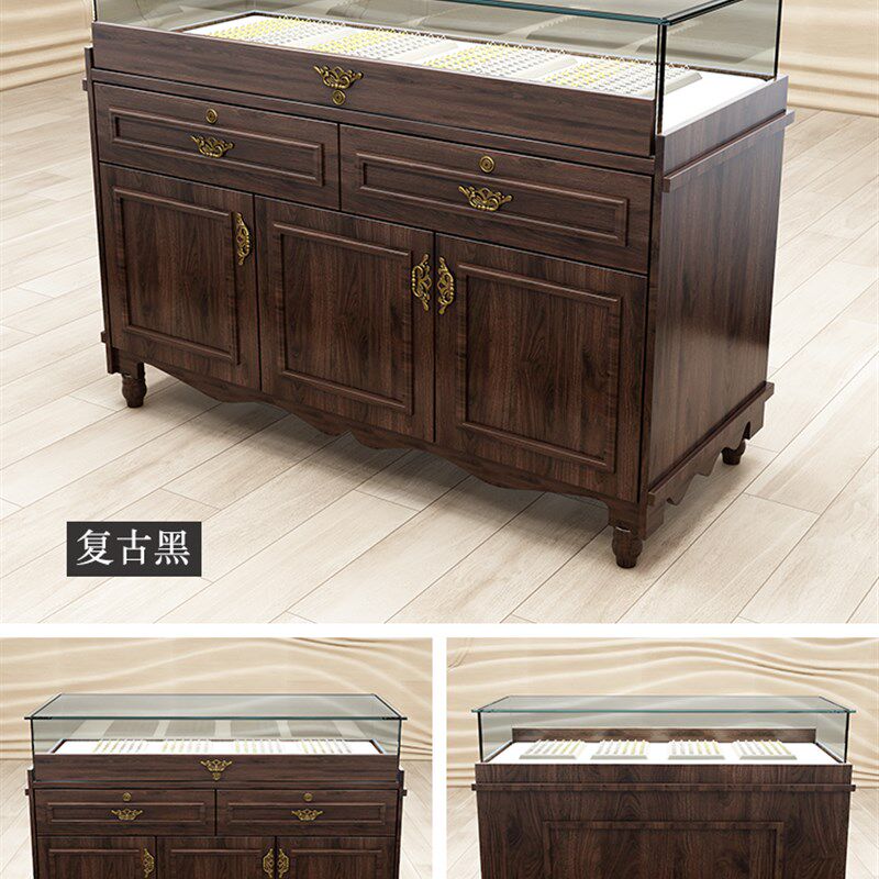 复古实木珠宝展示柜古玩玉器翡翠玻璃展柜首饰银饰文.物中岛柜台