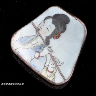 老瓷片盒银锭盒元宝盒p胭脂盒首饰盒手工錾刻德银仕女图手工艺老