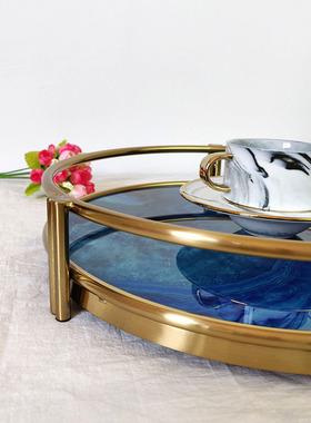 欧式现代简约玻璃收纳托盘家居装饰摆件茶具圆盘蓝玛瑙.金属工艺