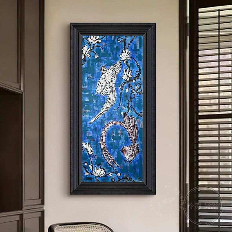 中法式纯手绘油画蓝色复古抽象花鸟客F厅玄关挂画小众中古风装饰,家居饰品,现代装饰画,淘宝优惠券,粉丝福利购,淘宝优惠卷