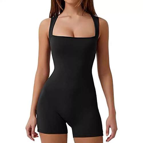 Womans Sleeveless Wide Strap Romper Sexy Square Neck Short