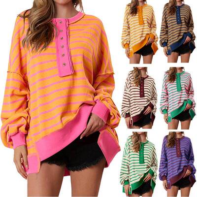 Womens Oversized Striped Sweatshirts Henley Shirts Color