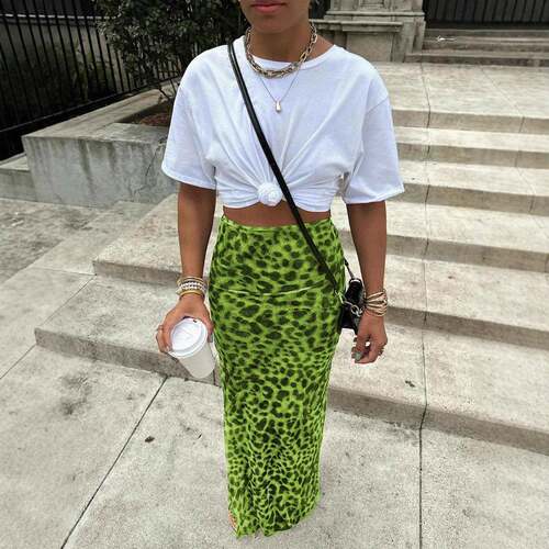 Women ' s Leopard Print Sexy High - Waisted Midi Skirt , Y2K