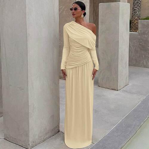 One-Shoulder Asymmetric Fold Down Neck Long Sleeve Maxi