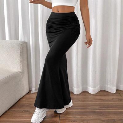 Womens Fitted Solid Color Pleated Mermaid Maxi Skirt Set -
