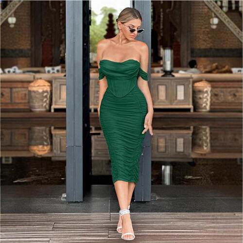 Elegant Off-Shoulder Ruched Mesh Shapewear Bodycon Midi