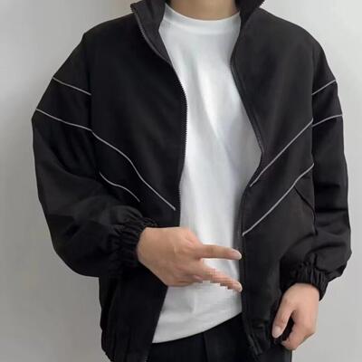 Stand Collar Zipper Jacket With Street Style Oversized Fit
