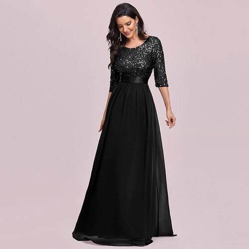 Elegant Sequin Evening Dress With Round Neckline & Long