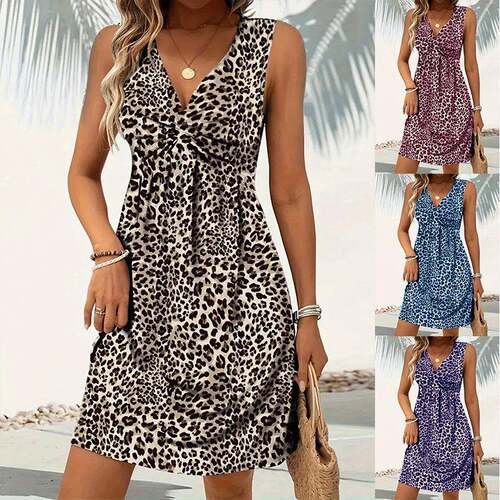 Women'S Casual Sleeveless Leopard Animal Print Resort Dress