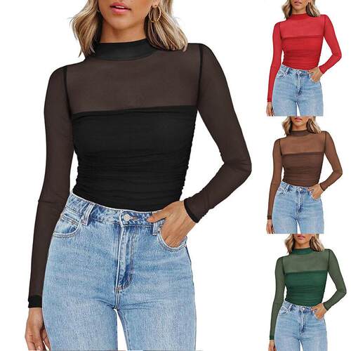 Womens T-Shirt Lady New Basic Plain High Neck Turtleneck