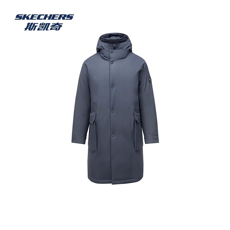 Skechers斯凯奇2024年男子长款羽绒外套立领连帽保暖防泼水防风