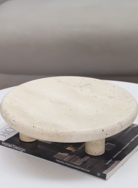 现代简约b洞石三脚圆形果盘托盘摆件客厅茶几酒店电视柜家居装饰