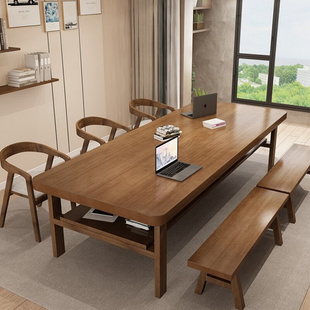 新款 北欧实木办公桌椅组合简约客厅书桌带层板收纳长桌家用阅读学