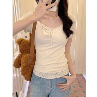 碎花蕾丝边短袖 设计感半开领纯欲辣妹bm假两件上衣 t恤女春夏新款