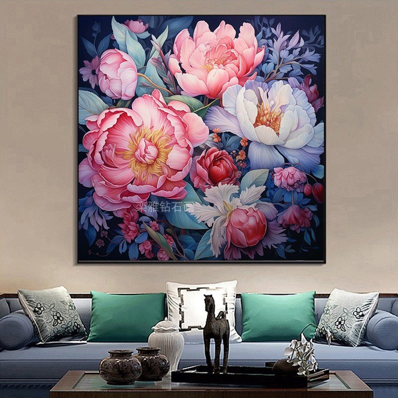 2023新款DIY方钻满贴钻钻石画钻D石绣方形花开富贵粉色牡丹花17