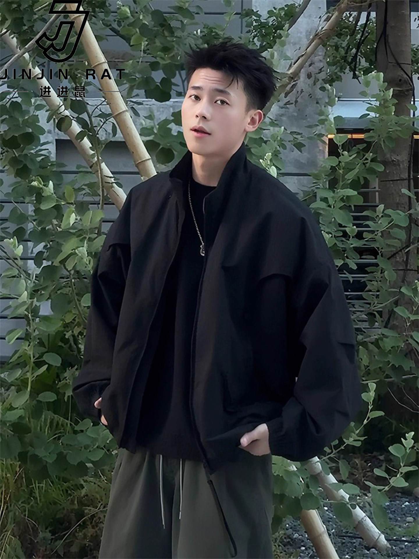 美式短款廓形外套男款秋季高级感工装硬挺飞行夹克防风立领棒球服