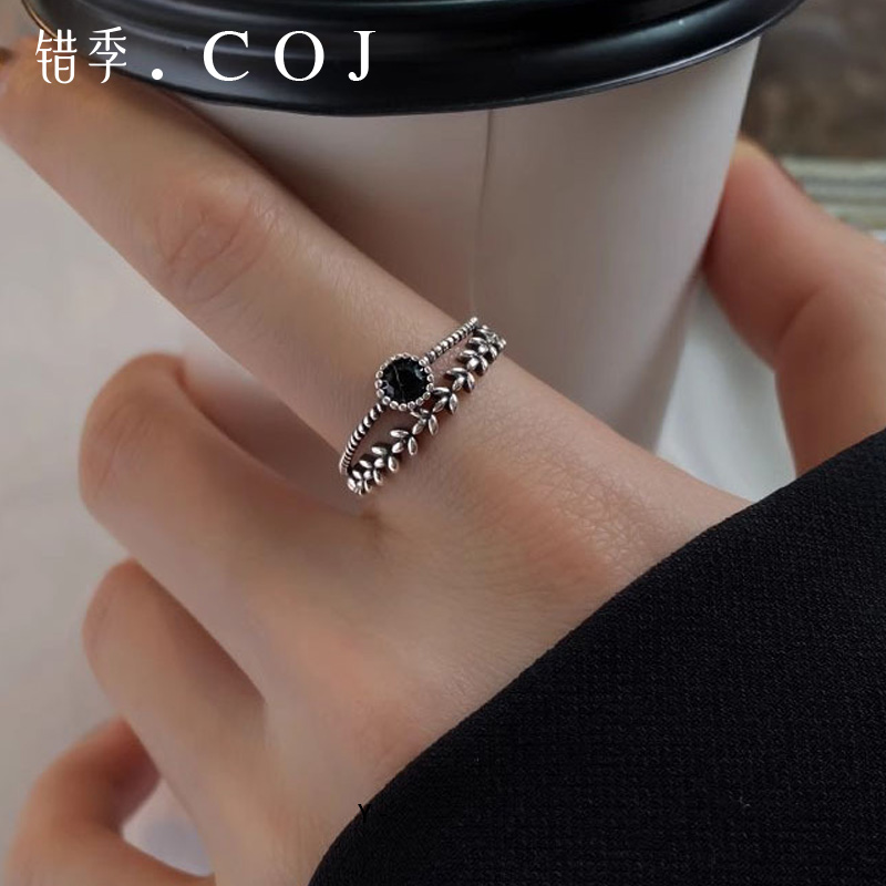 s925纯银黑锆石麦穗戒指