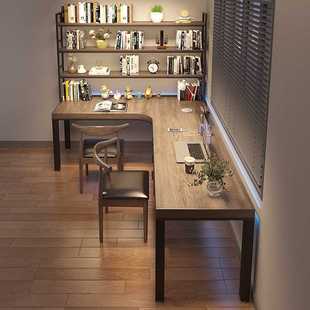 实木转角书桌书架一体组合L型电脑桌7拐角办公学习桌胡桃色电竞桌
