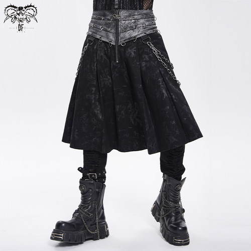 DEVIL FASHION恶魔时尚烫金斜纹拼仿皮压褶朋克半裙【SKT261】