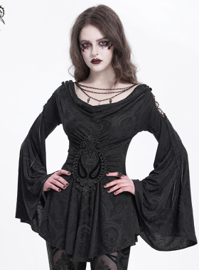 Devil Fashion恶魔时尚 暗黑哥特立体花纹肩部镂空长袖T恤女TT290