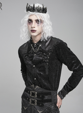 Devil fashion 暗黑哥特风压花丝绒链条黑色长袖衬衫上衣男SHT149