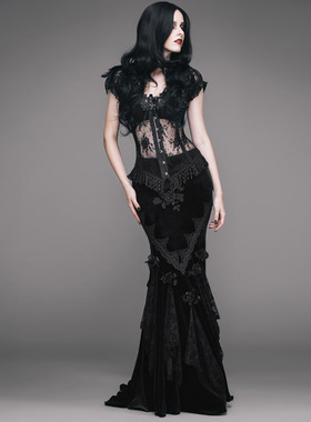 EVA LADY 哥特丝绒黑色修身碎花不规则裙摆典礼长裙【ESKT003】