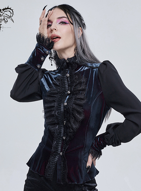 Devil fashion 亚文化复古哥特高领黑色丝绒衬衫女秋冬【SHT074】