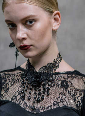 Devilfashion玫瑰吊坠花边项链