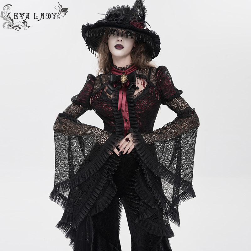 EVA LADY 立领乱纹圆点喇叭袖蕾丝哥特燕尾衬衫上衣ESHT01901/02