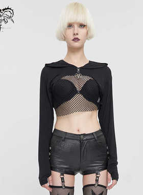 Devil fashion 前镂空拼网料女款短款连帽长T【TT215】