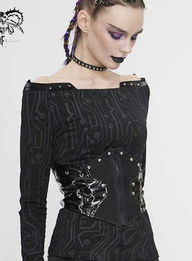 Devil fashion 钢骨束腰外穿宝蓝色漆皮拼接牛角扣瘦腰【AS074】