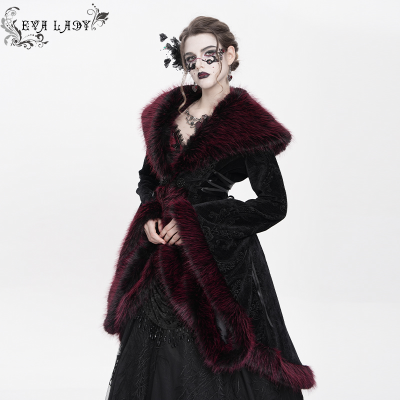 腰果菱形格绒料毛领哥特外套