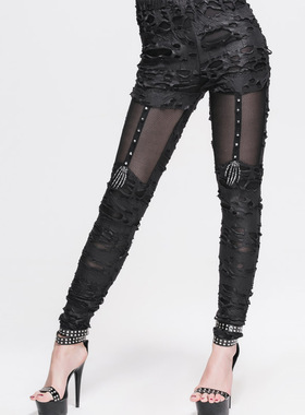 Devil Fashion女式破洞针织骷髅手掌打底裤外穿高腰弹力【PT024】