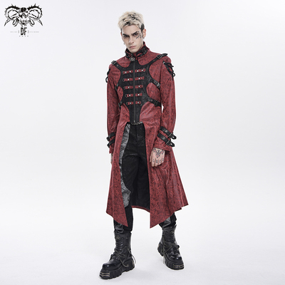 DEVIL FASHON恶魔时尚朋克连帽款烫胶布长款皮外套【CT27901/2】