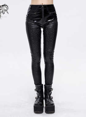Devil fashion 时尚黑色百搭潮流六角格图案亮皮紧身裤【PT156】