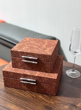 现代复古皮革浮雕印花首饰盒摆件家居H样板间酒店客厅卧室收纳装