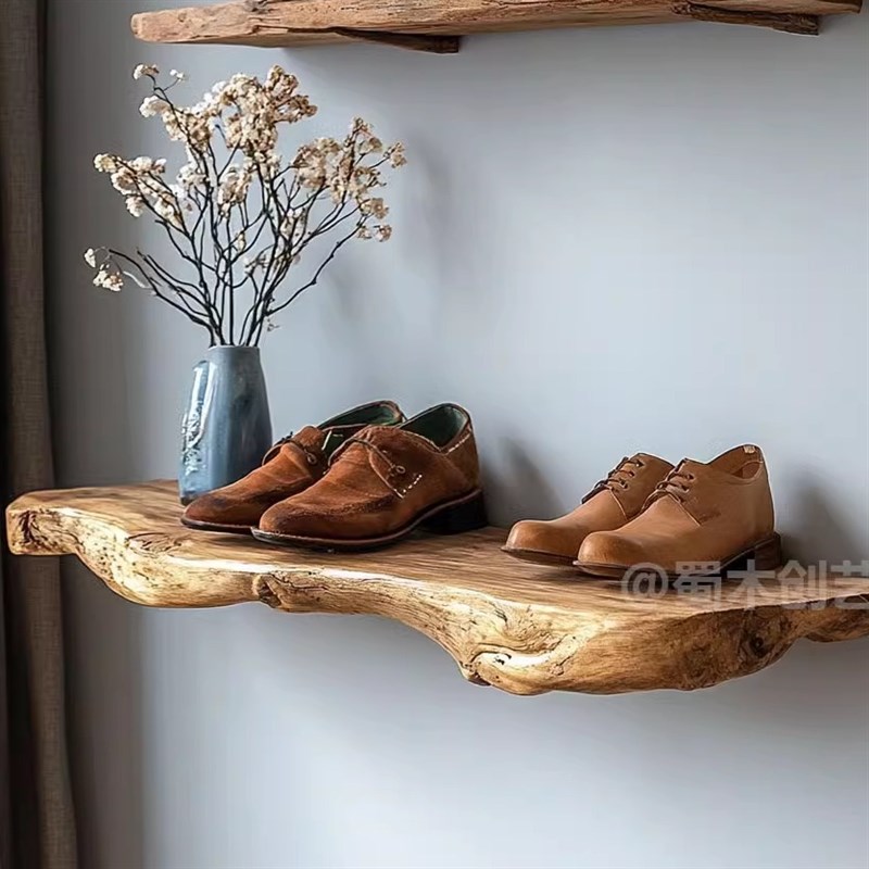 原实木鞋货架h复古氛围感悬浮挂墙一字板入户置物架玄关鞋架诧寂
