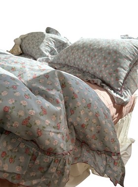 等花开  双层纱蕾丝o花边床裙款小碎花四件套1.5m1W.8被套床单田