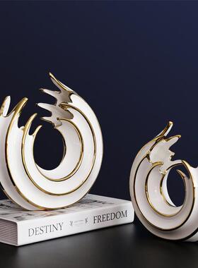 陶瓷摆件轻奢玄关北欧现代创意圆形家居饰L品白色扇形样板装饰品