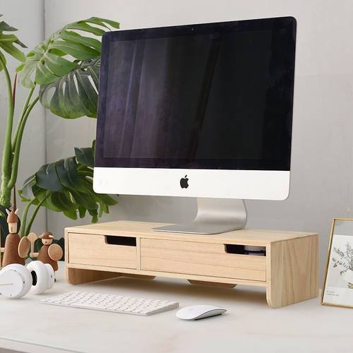 实木电脑架护颈可调节台式显示C器底座加高架子办公桌面收纳盒