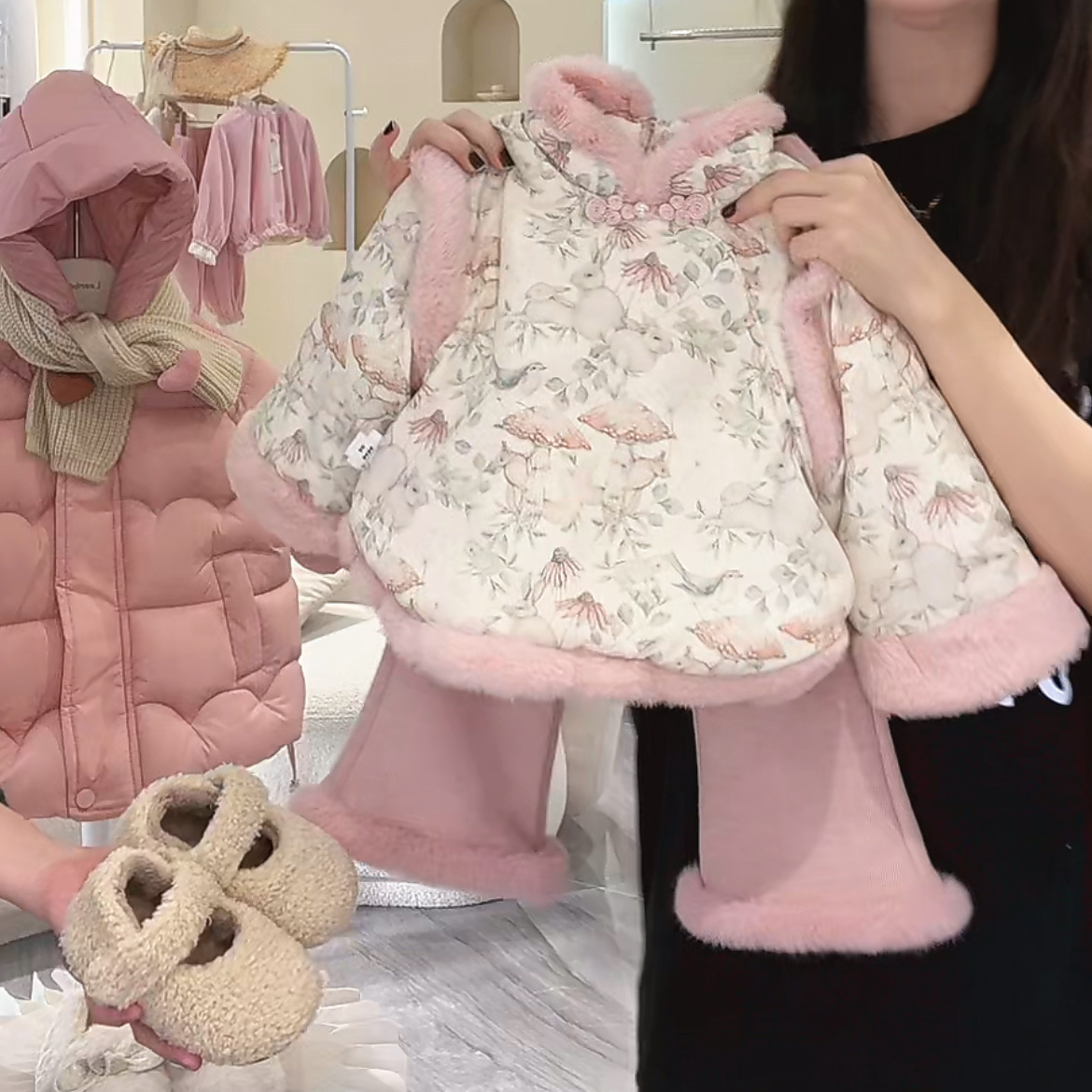 女童套装冬装洋气儿童衣服加绒女宝宝周岁礼服过年拜年汉服两件套