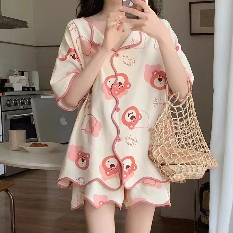 睡衣女夏季卡通士学生开衫短袖短裤薄款ins风家居服两件套装