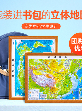 2025新版共2张中国地图和世界地图 3d凹凸立体地形图约30cm*23cm 装饰学生学习地理三维地貌地形小学中学初中生